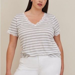 Classic Fit Feather Soft Slub Lace Trim V-Neck Tee